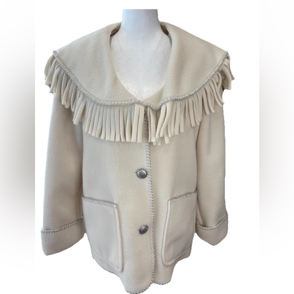 Aqua Sheen Ivory fringed collar jacket western boho ladies size PXS VTG polyeste